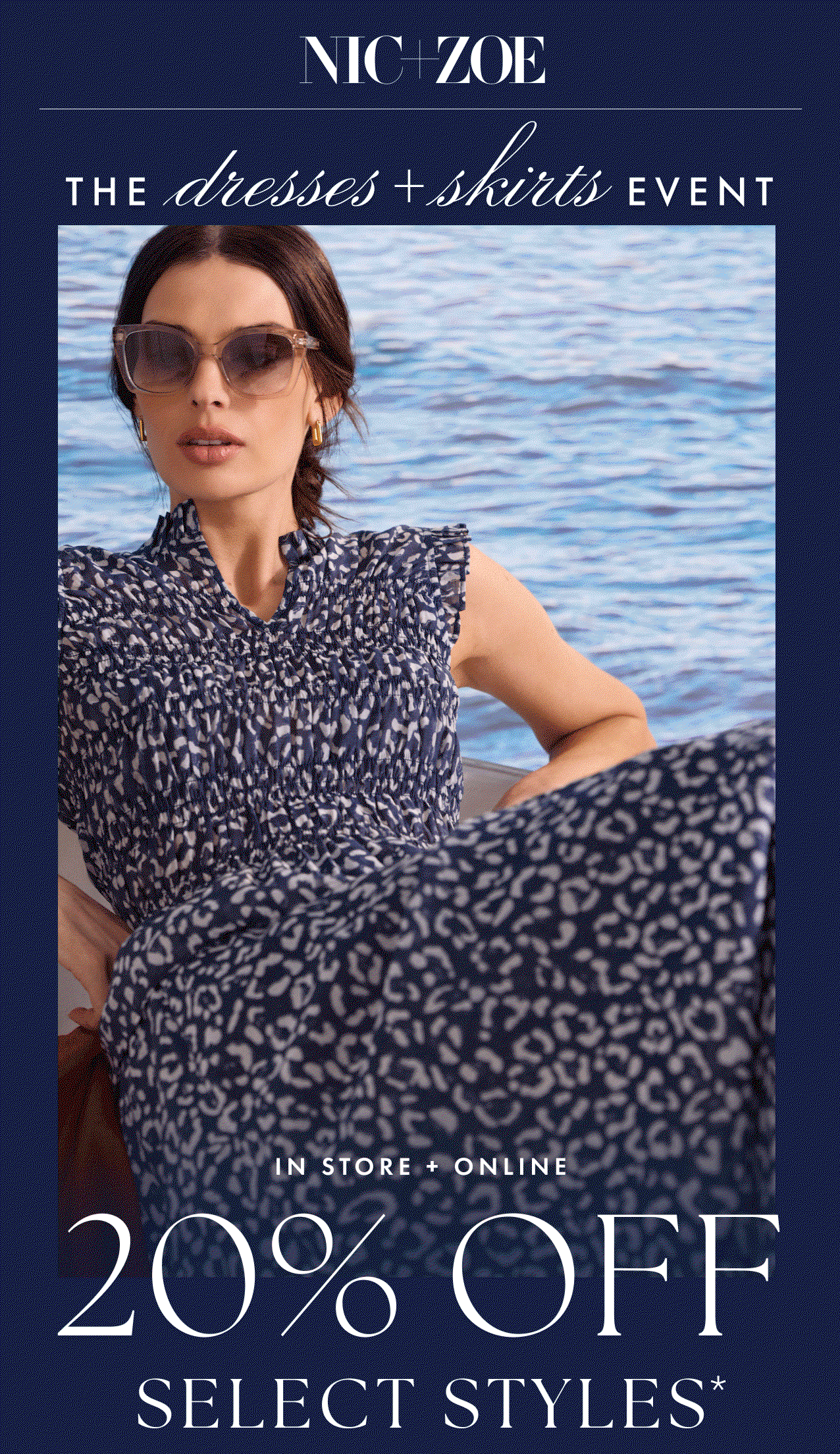 The dresses + skirts event. In store + online 20% off select styles. A slideshow of women wearing a collection of diverse dresses and skirts.