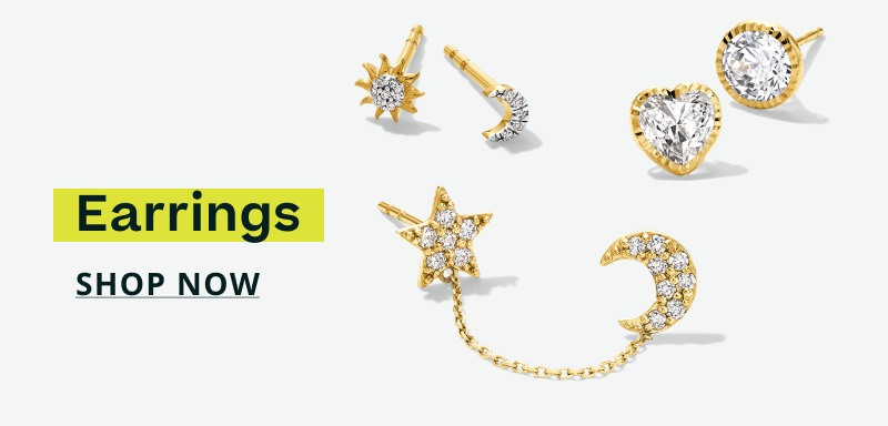 Gold studs & chain earrings: sunburst, moon, heart & star-to-moon chain connector. Earrings. Click here to shop now