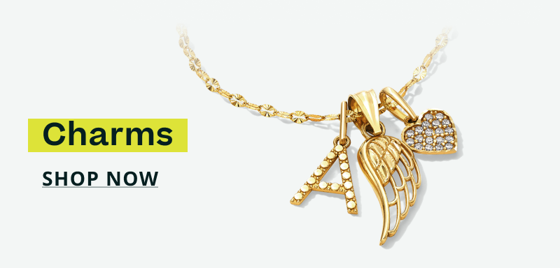 Dainty gold chain holding three charms: letter 'A', a angel wing, & pavé-set heart. Charms. Click here to shop now