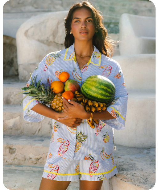 Seersucker Cotton Toucan & Fruit Stripe Print Short Pyjama Set