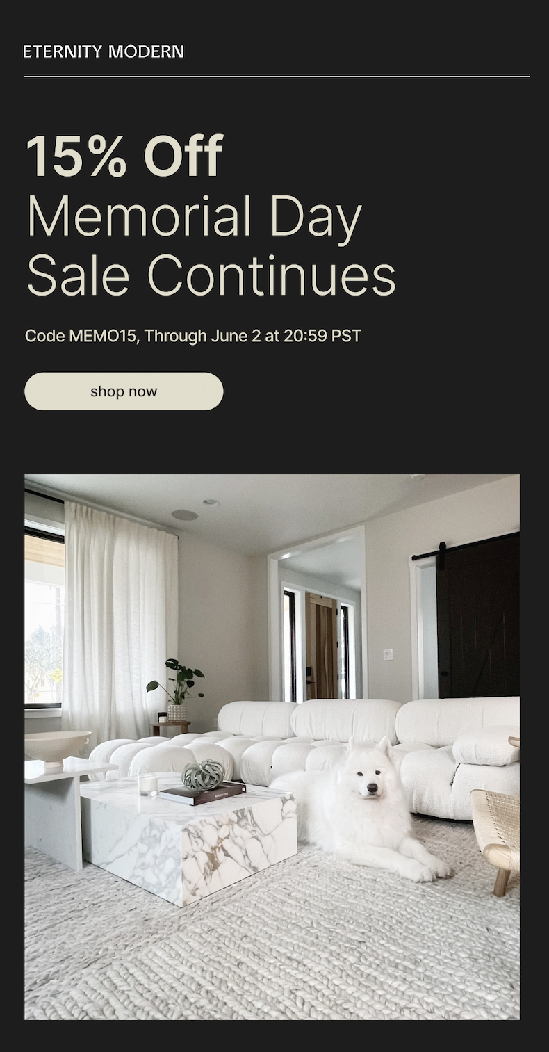 ETERNITY MODERN - 15% Off Memorial Day Sale Continues - Code MEMO15, Through June 2 at 20:59 PST - shop now