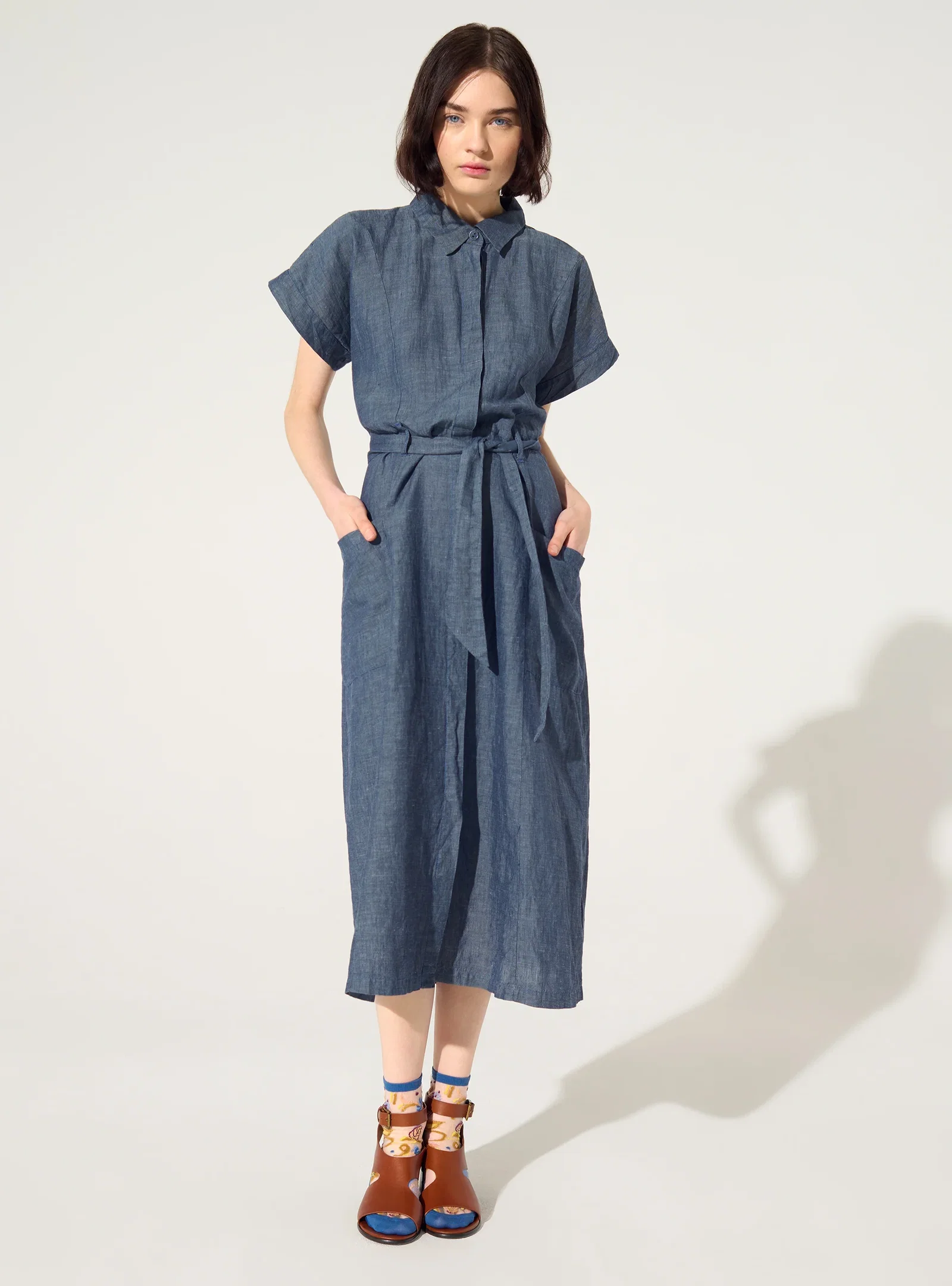 Image of Robe ample en lin et coton bleu