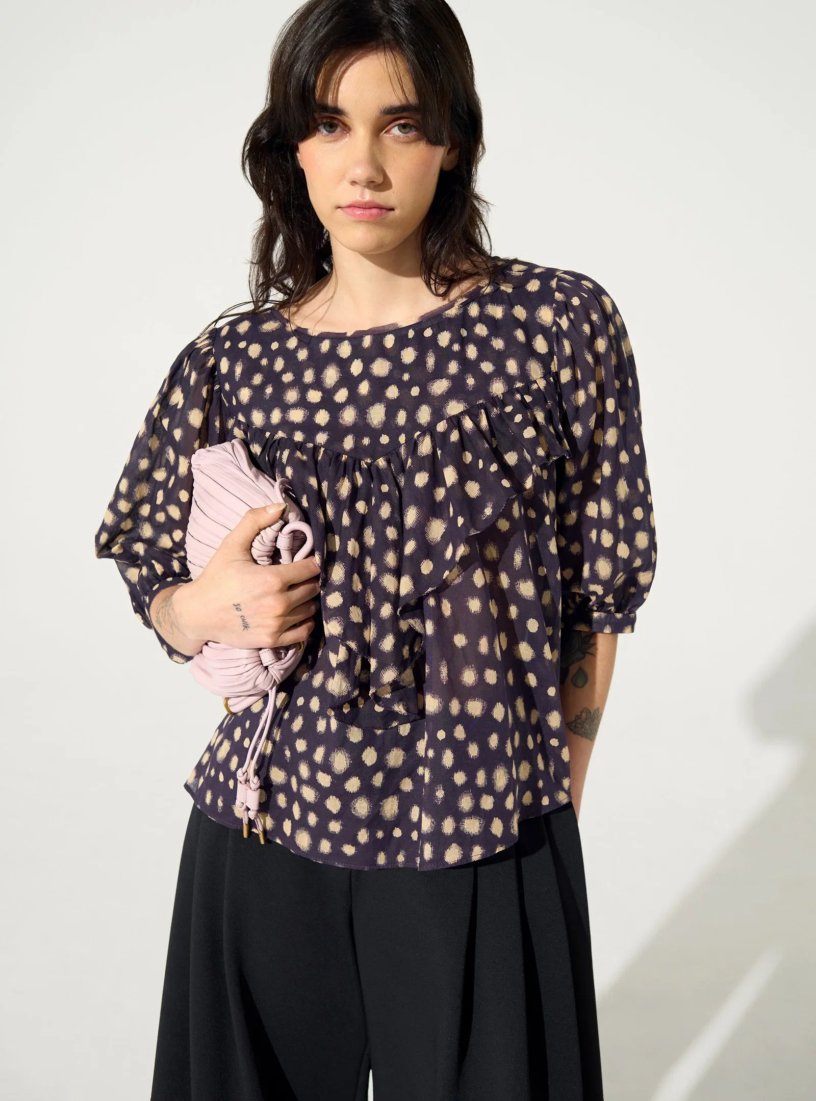 Image of Blouse oversized imprimé maison en coton violette