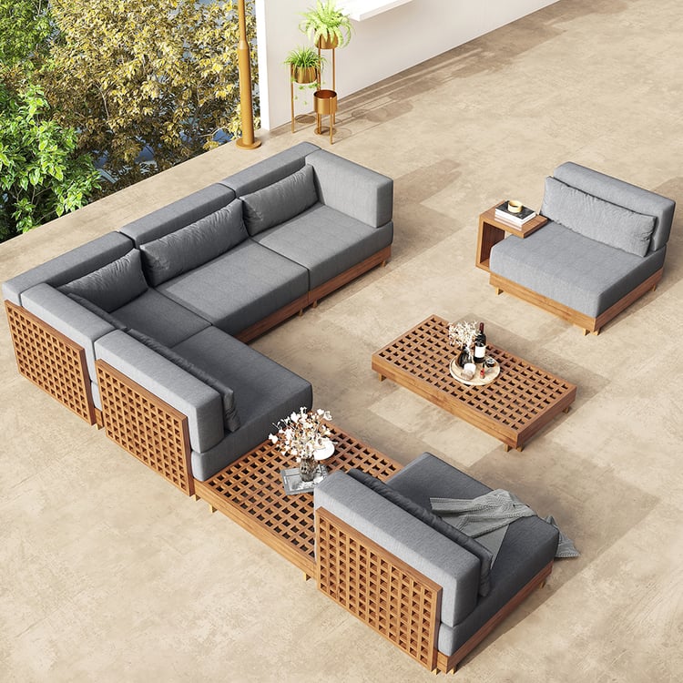 Grida 9-Piece Outdoor Teak Modular Sectional Sofa Set with Coffee Table in Gray