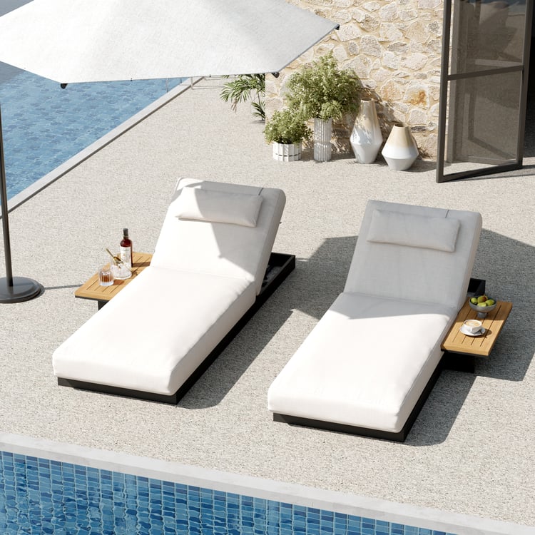 Tevara Wood & Aluminum Outdoor Lounger Daybed Patio Furniture in Beige Cushion Set of 2
