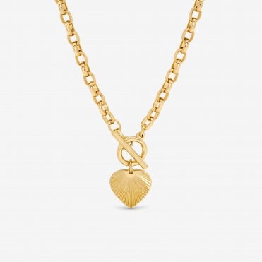 Inicio Gold Plated Diamond Cut Heart T-Bar Necklace - Gift Pouch