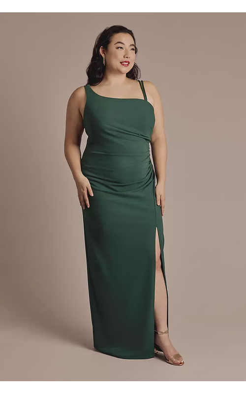 One-Shoulder Side-Draped Crepe Sheath Dress