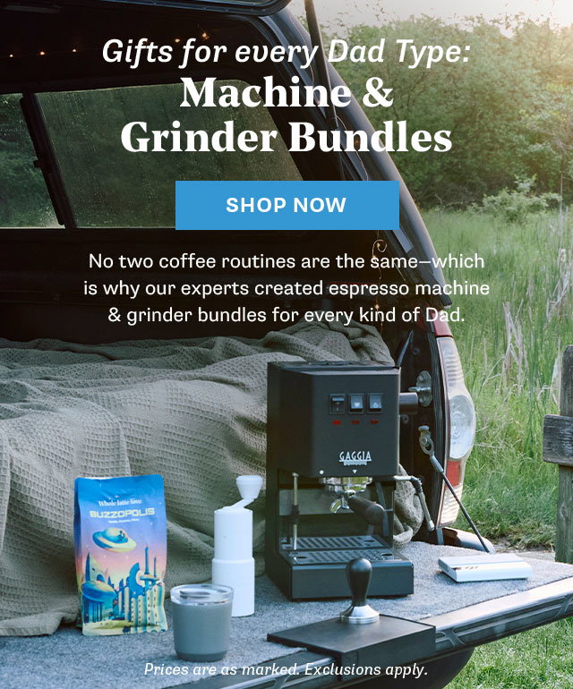 Gifts for every Dad Type: Machine & Grinder Bundles. Image of a Gaggia Classic E24 and various accessories on the back of a camper truck. / 
