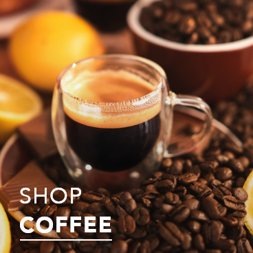 Shop Coffee text overlays image of coffee in a mug