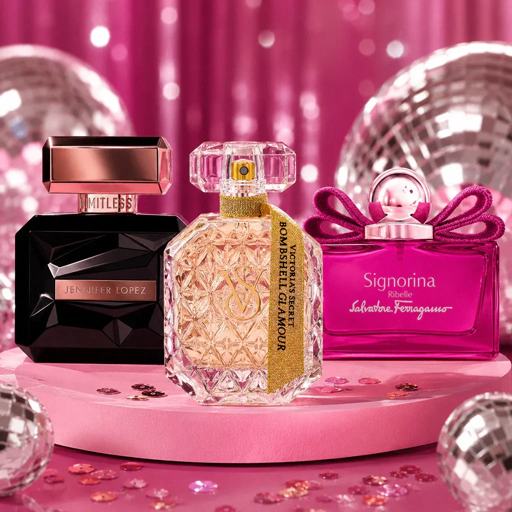 Three luxury perfume bottles displayed on a pink platform against a shimmering pink backdrop with disco balls.