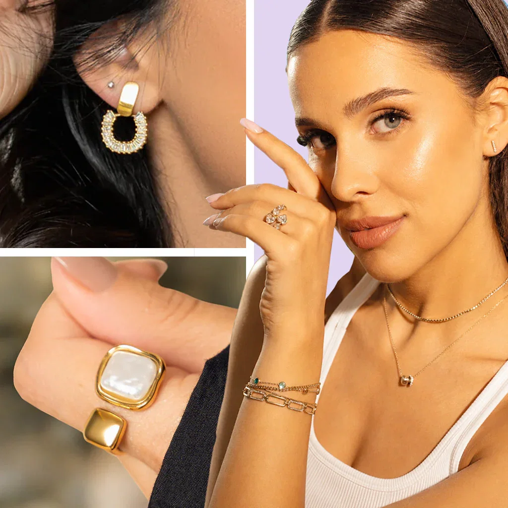JewelsBySunaina gold jewelry collection featuring pearl earrings, rings, necklaces and bracelets modeled by woman