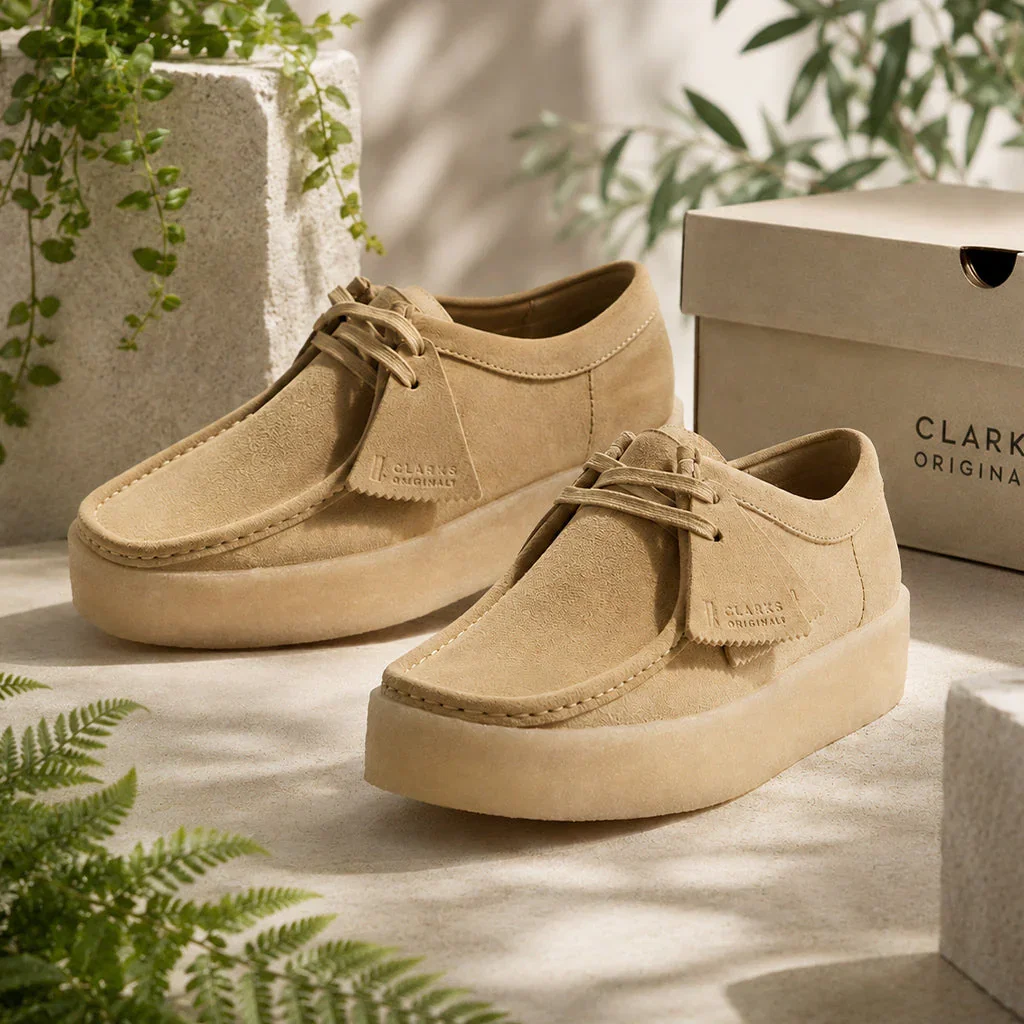 Pair of beige suede Clarks platform shoes displayed with original box and potted plants on neutral background