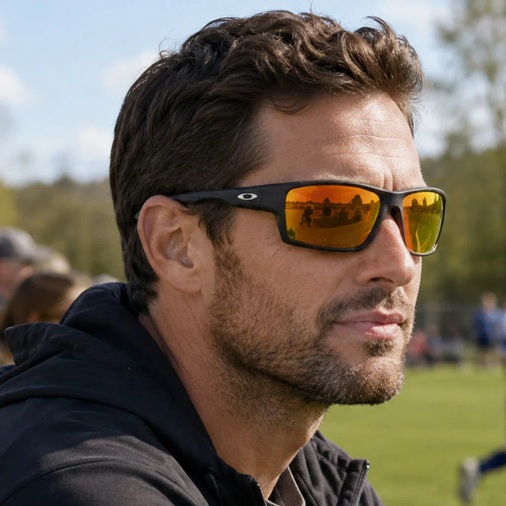 Man wearing black Oakley sunglasses with orange lenses outdoors at a sports event
