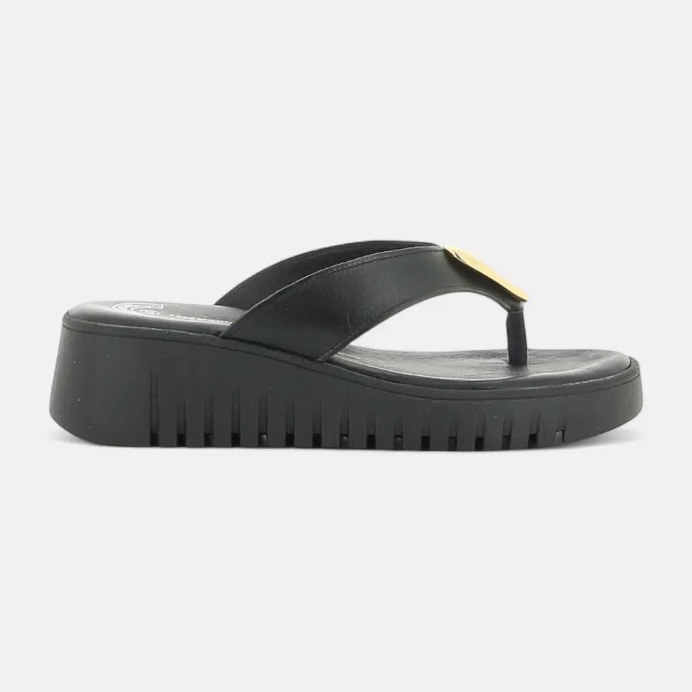 Entre-doigts à talon compensé Femme en cuir noir
