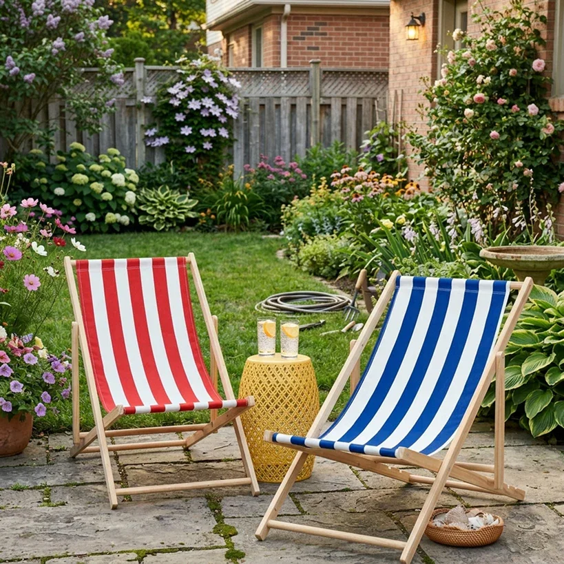 Image of Foldable Patio Sling Lounge Chair with Stripes