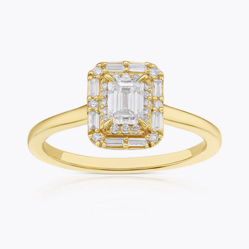 Engagement Ring 18ct Yellow Gold Emerald Shaped Double Halo 0.50ct Diamond Ring