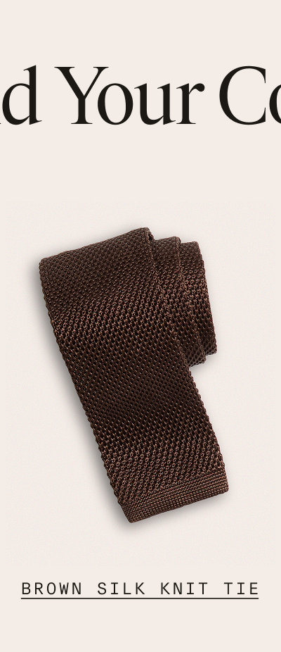  Flat lay of a folded brown knit tie with a square bottom end on a light background. "BROWN SILK KNIT TIE"