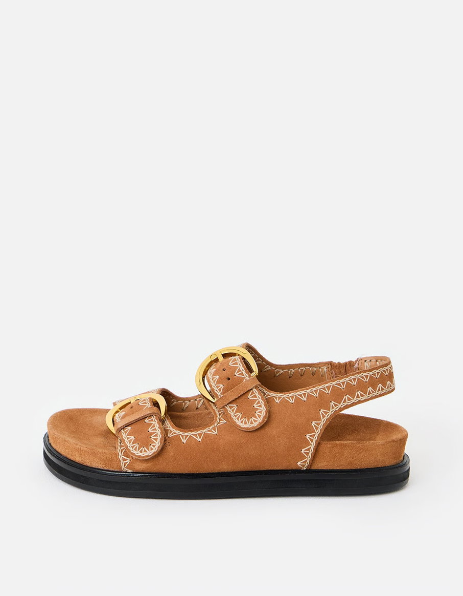 Toffee Brown Suede Stitch Detail Double Buckle Sandals