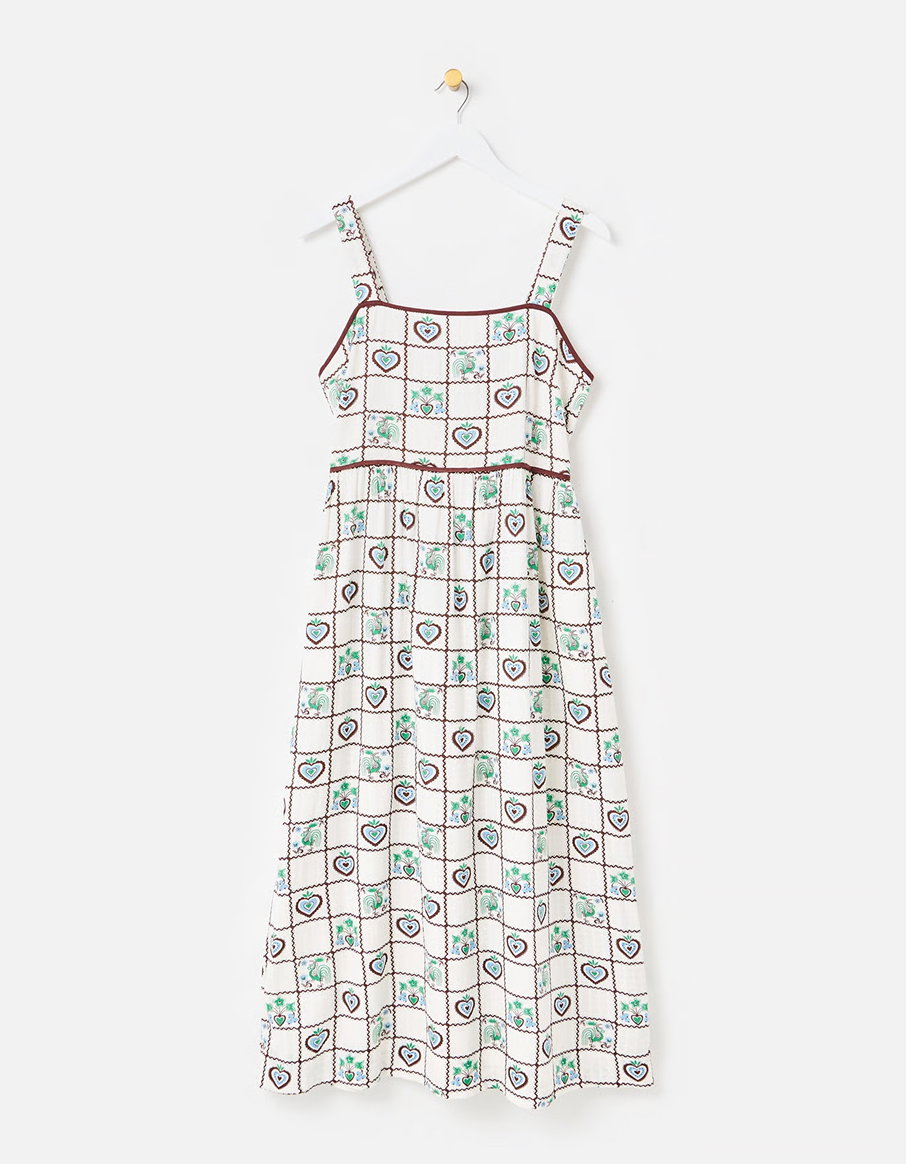 White & Brown Tile Print Strappy Midi Dress