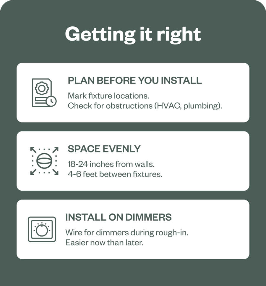 Getting it right Plan before you install Mark fixture locations. Check for obstructions (HVAC, plumbing). Space evenly 18-24 inches from walls. 4-6 feet between fixtures. Install on dimmers Wire for dimmers during rough-in. Easier now than later.