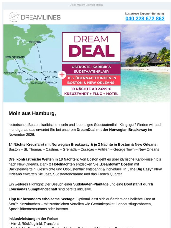 Karibik, Boston & New Orleans – 19-Nächte-DreamDeal