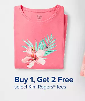 Up to 50% off womens apparel. Shop now. A pink tee shirt with a flower on it.