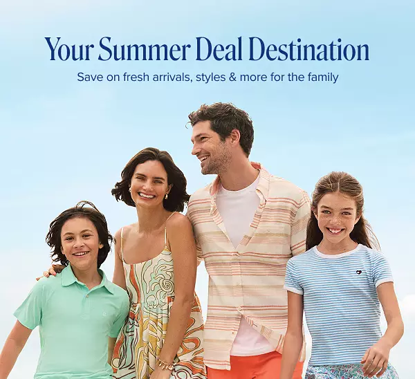 Your summer deal destination. Save on fresh arrivals, styles and more for the family. A family taking a group photo by the beach.