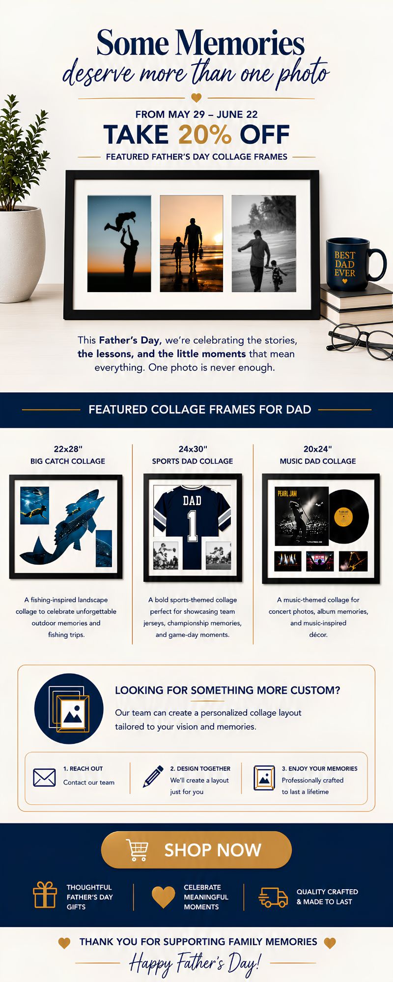 Celebrate Father’s Day with 20% off custom collage frames from May 29 through June 22. Personalized collage layouts with several styles to choose from.