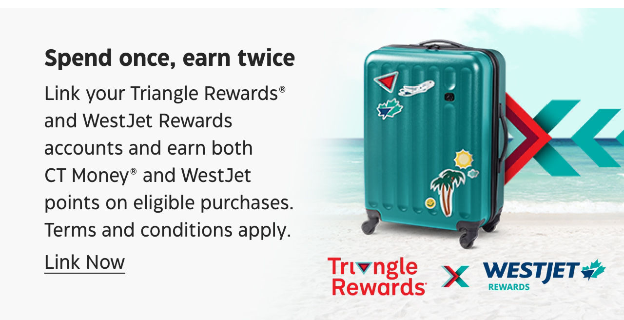 Spend once, earn twice. Link your Triangle Rewards and WestJet Rewards accounts and earn both CT Money and WestJet points on eligible purchases.