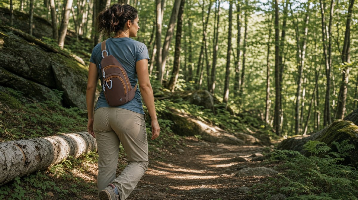 A hiker on a sunlit forest trail wearing the United By Blue (R)evolution Sling Pack across her chest