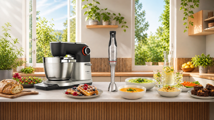 Robot pâtissier et mixeur plongeant Bosch sur un comptoir de cuisine lumineux, avec pains, gaufres, soupes et salades.
