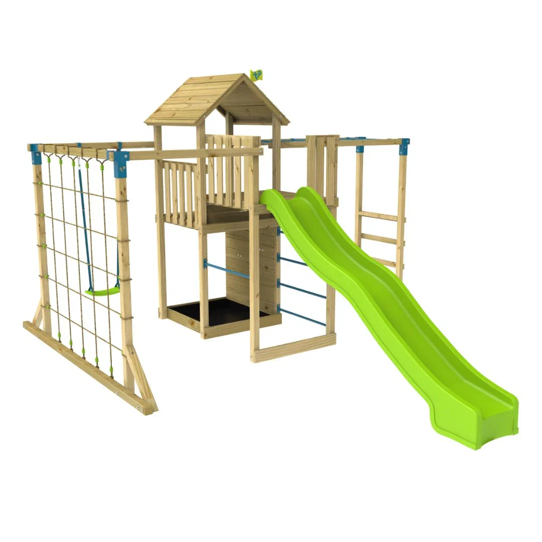 Image of TP Skywood Wooden Tower Climbing Frame with Super Wavy Slide, Sky Deck, Monkey Bars & Skyline with Rapide Swing Seat - FSC® certified