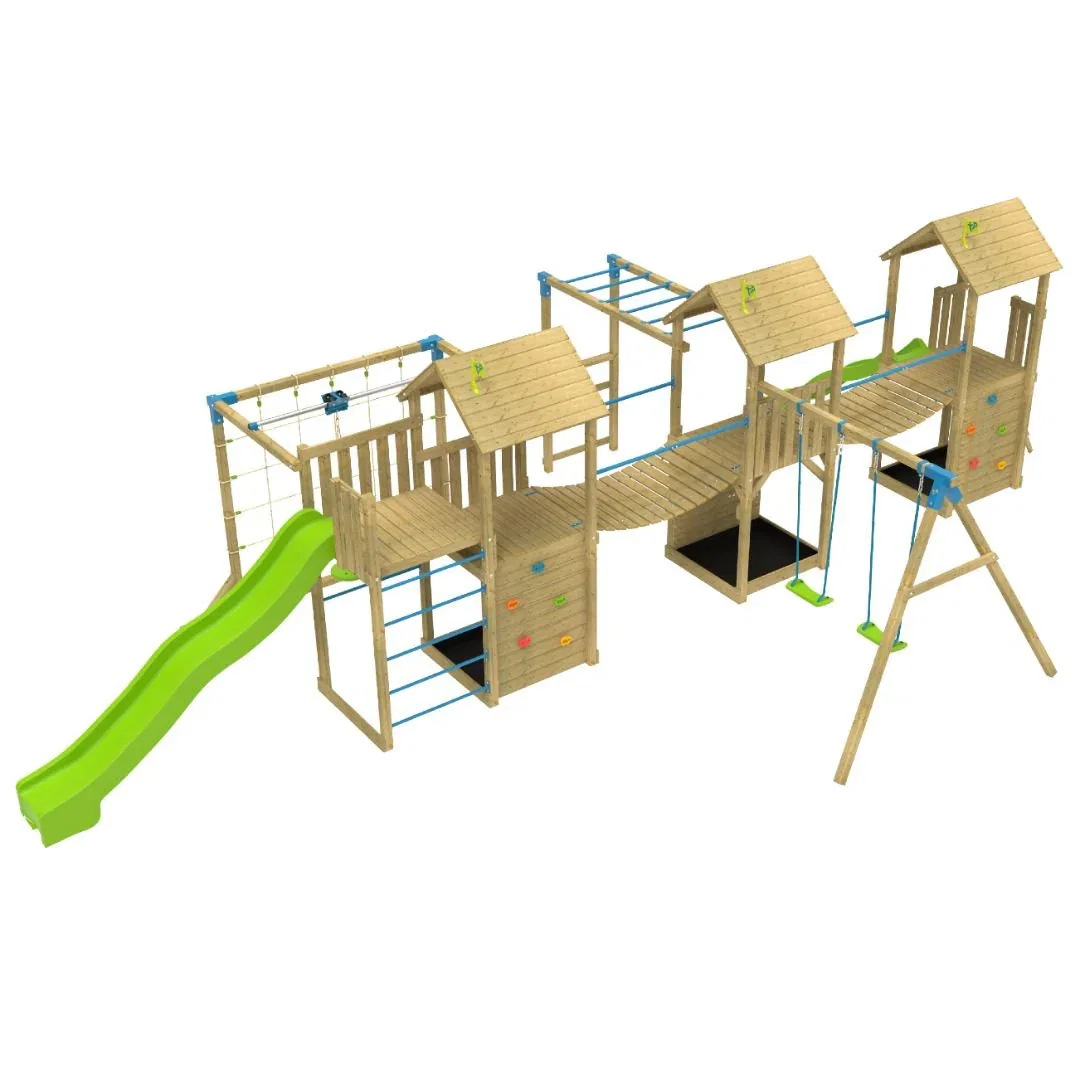 Image of TP Skywood Wooden Climbing Frame with Two Extra Play Towers, Sky Deck, Skyline with Flying Fox, Monkey Bars, Double Swing Arm, 10ft Super Wavy Slide & 8ft Ripple Slide  - FSC® certified