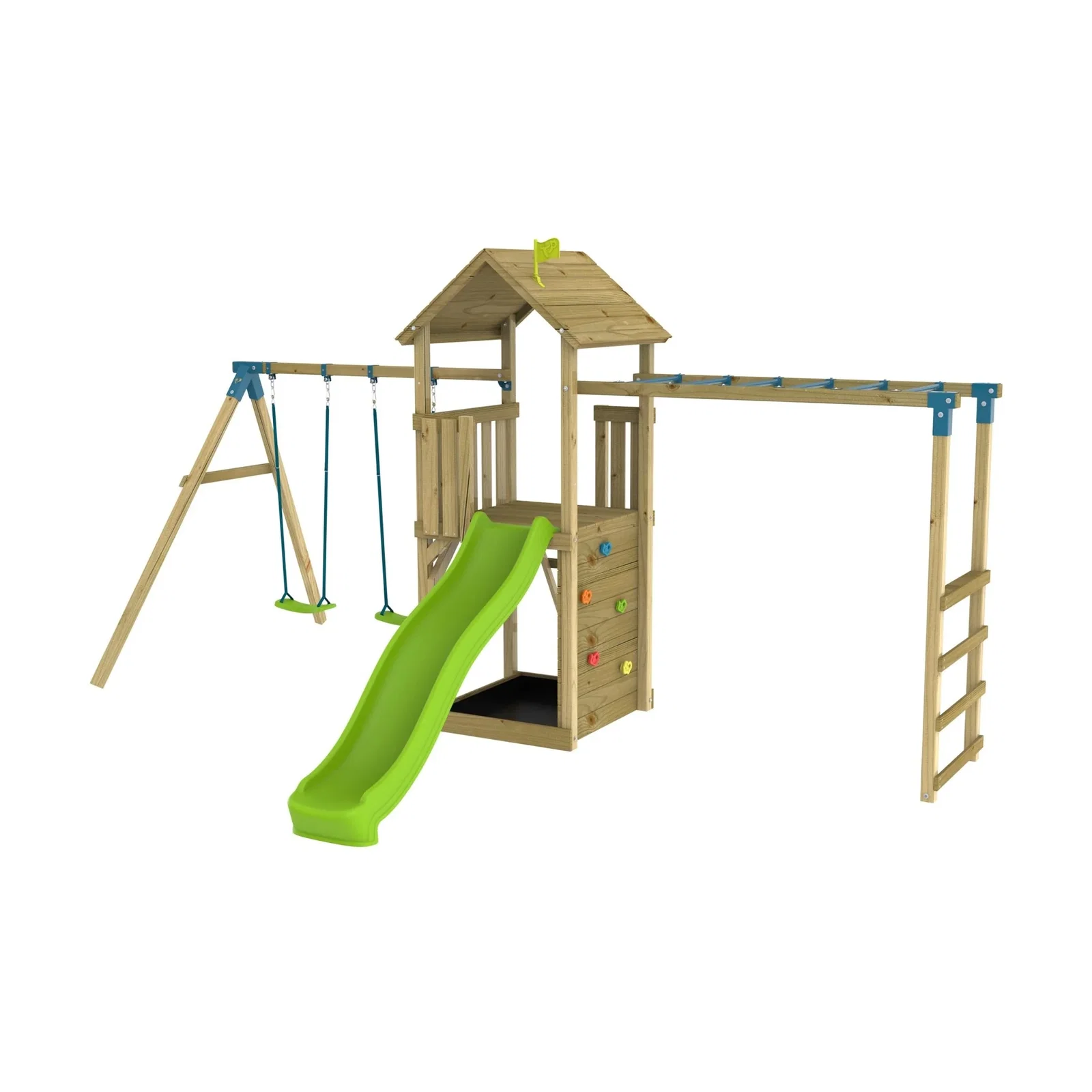 Image of TP Skywood Wooden Tower Climbing Frame with Ripple Slide, Monkey Bars & Double Swing Arm - FSC® certified