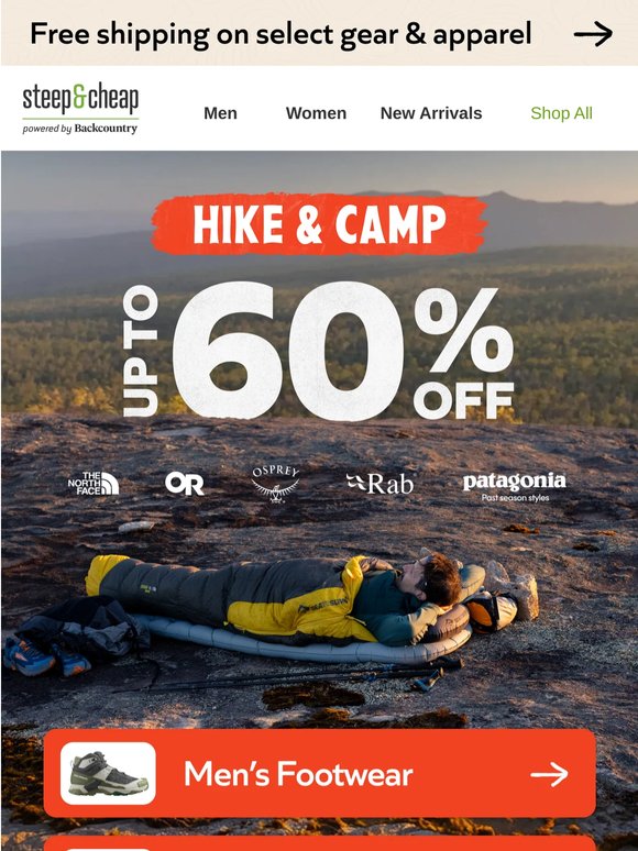 🥾 Footwear, packs, layers—up to 60% off