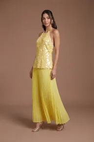 Halter Neck Sequin Pleated Midi Dress