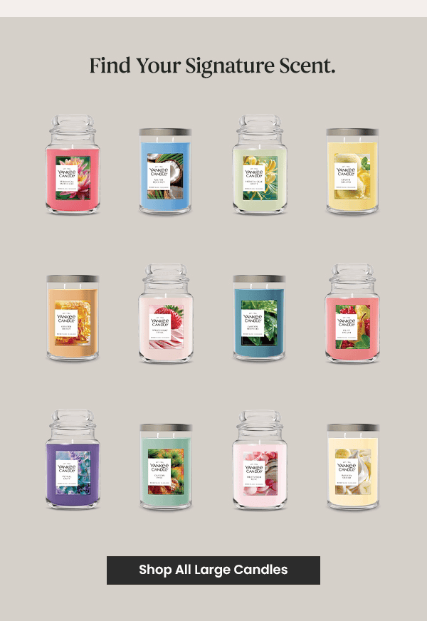 Find your signature scent text above a grid of twelve candle jars with various label designs. Button text reads shop all large candles.