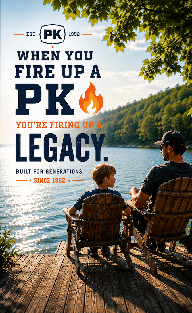 A PK Grill sits on a dock overlooking a lake while a father and child relax nearby. The image celebrates the tradition of outdoor cooking with the message, "When You Fire Up a PK, You're Firing Up a Legacy.