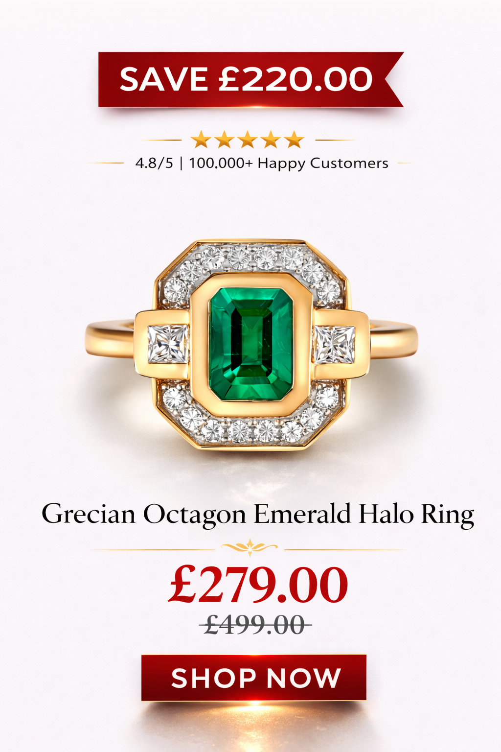 Grecian Octagon Emerald Halo Ring