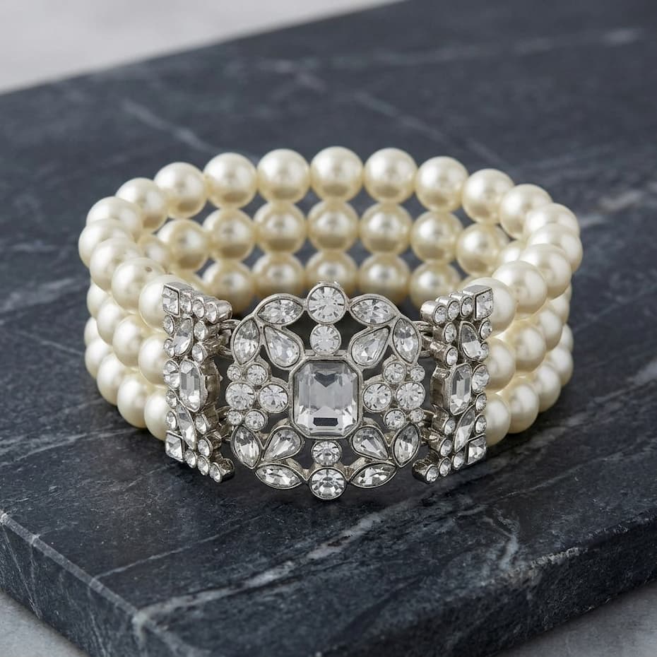 Three Row Faux Pearl Multi Crystal Stretch Bracelet