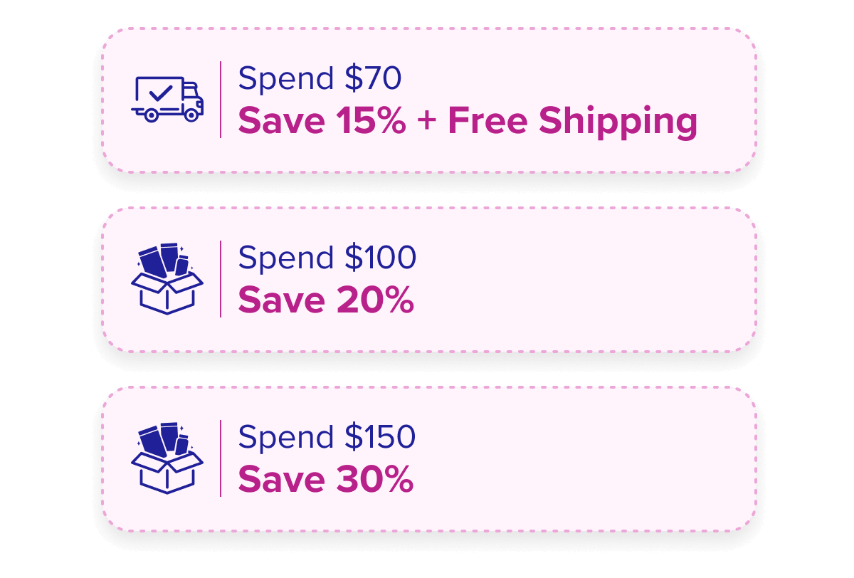 Spend $70 → Save 15% + Free Shipping   Spend $100 → Save 20%   Spend $150 → Save 30%