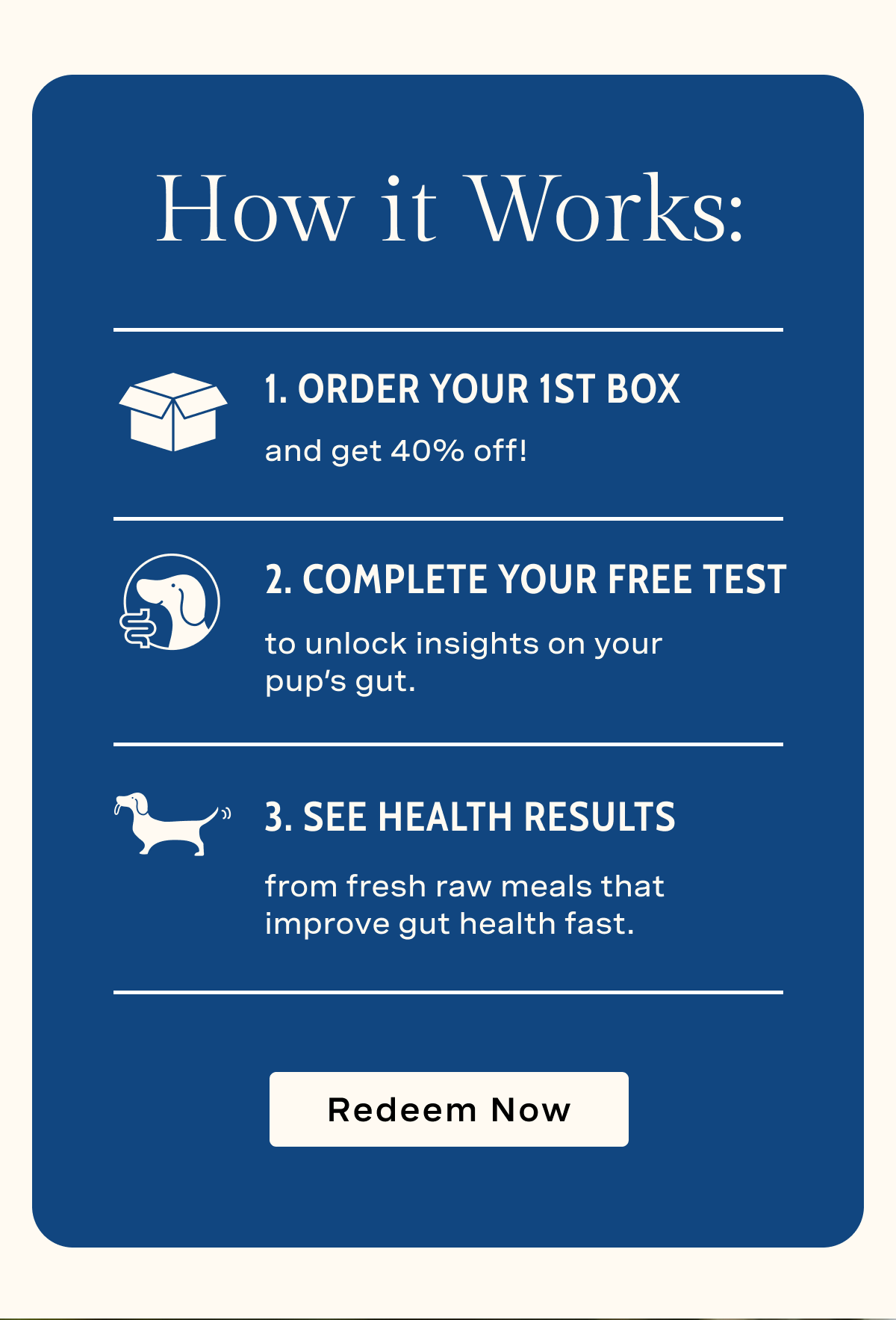How it Works: 1. Order Your 1st Box with 40% Off; 2. Complete Your Free Test; 3. See Health REsults