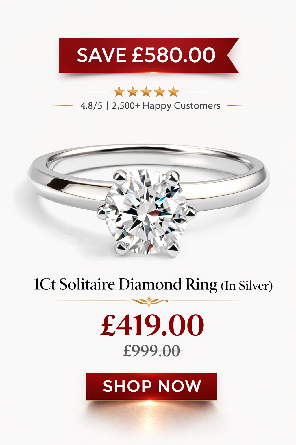 1Ct Solitaire Diamond Ring in Silver