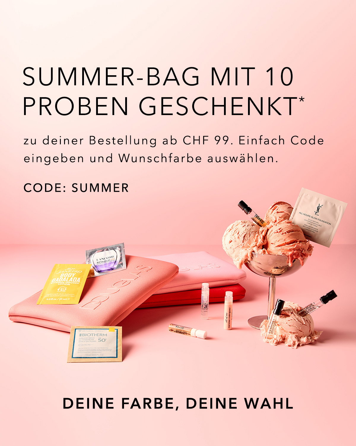 Werbegrafik für eine Sommer-Aktion: kostenlose Summer-Bag mit 10 Proben ab CHF 99 (Code „SUMMER“), mit Kosmetikprodukten, Tasche und Dessert-Dekoration.