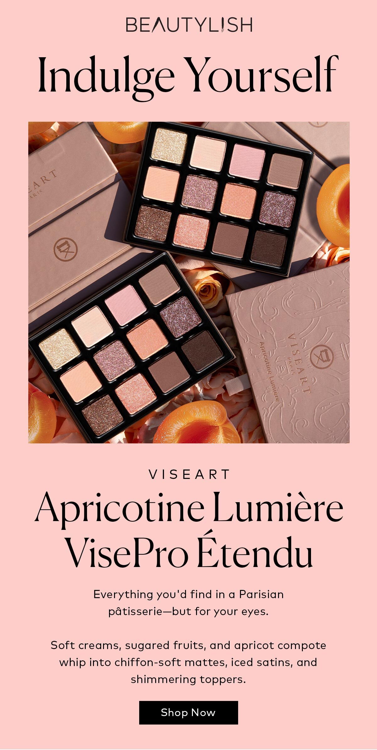 Soft creams, sugared fruits, and apricot compote whip into chiffon-soft mattes, iced satins, and shimmering toppers. Shop the Viseart Apricotine Lumiere VisePro Étendu at Beautylish.com