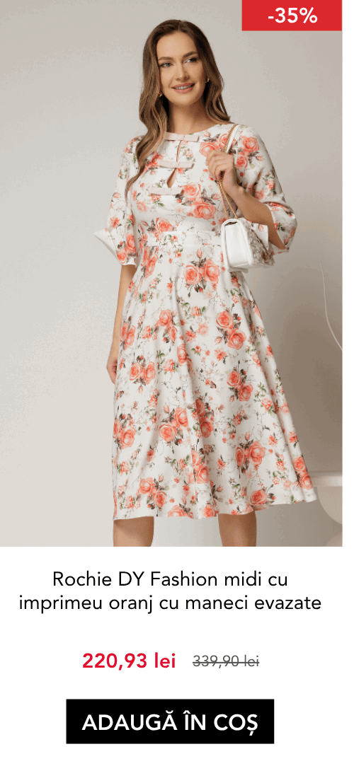 Rochie DY Fashion midi cu imprimeu oranj cu maneci evazate si funde pe bust