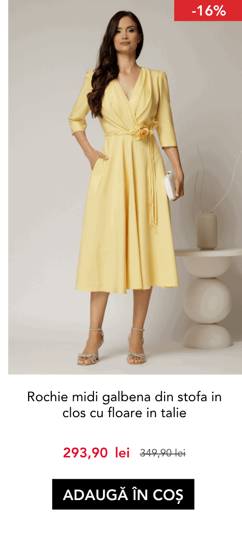 Rochie midi galbena din stofa in clos cu floare in talie