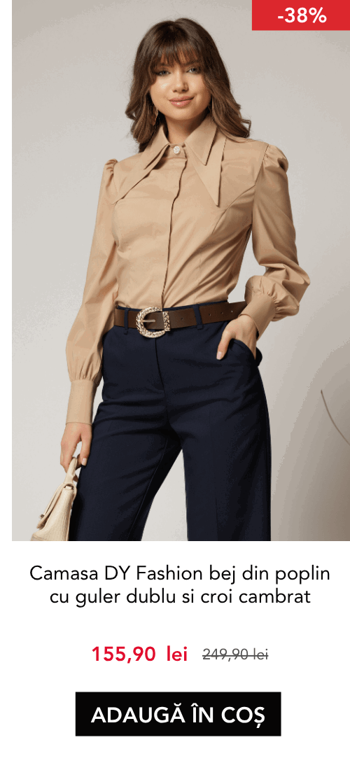 Camasa DY Fashion bej din poplin cu guler dublu si croi cambrat