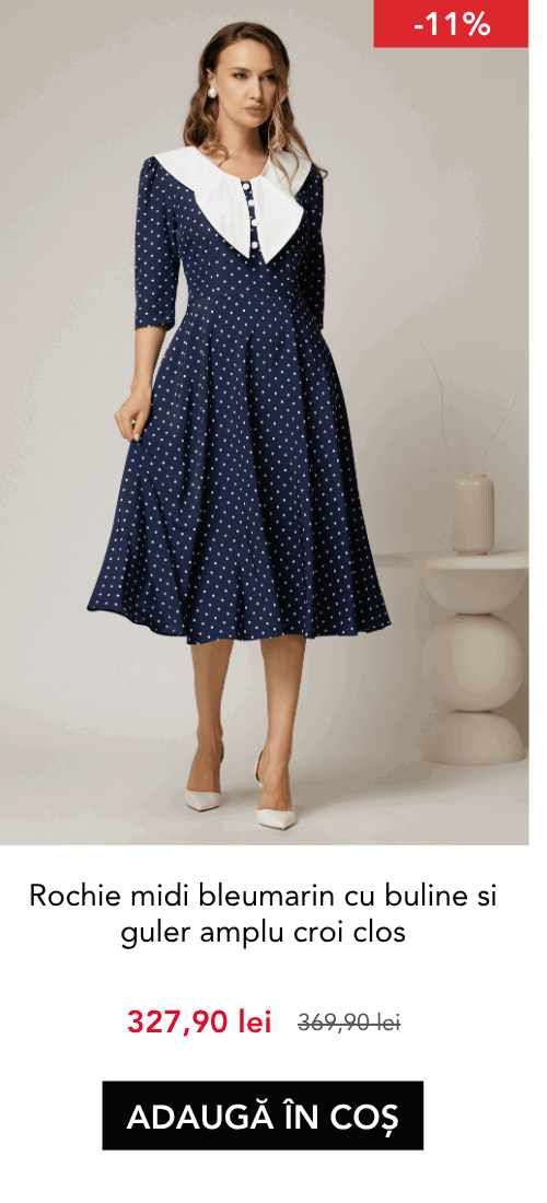 Rochie midi bleumarin cu buline si guler amplu croi clos