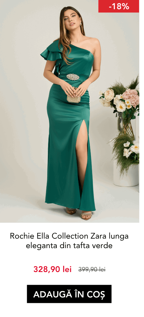 Rochie Ella Collection Zara lunga eleganta din tafta verde cu un umar gol